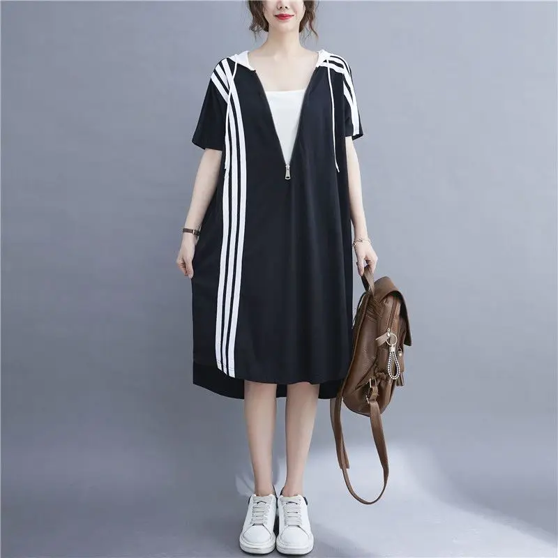 

Patchwork Zipper Office Lady Pullovers Midi Dress Ladies Casual Oversized Hooded Sweatshirts Dresses 2024 New Women's Clothing