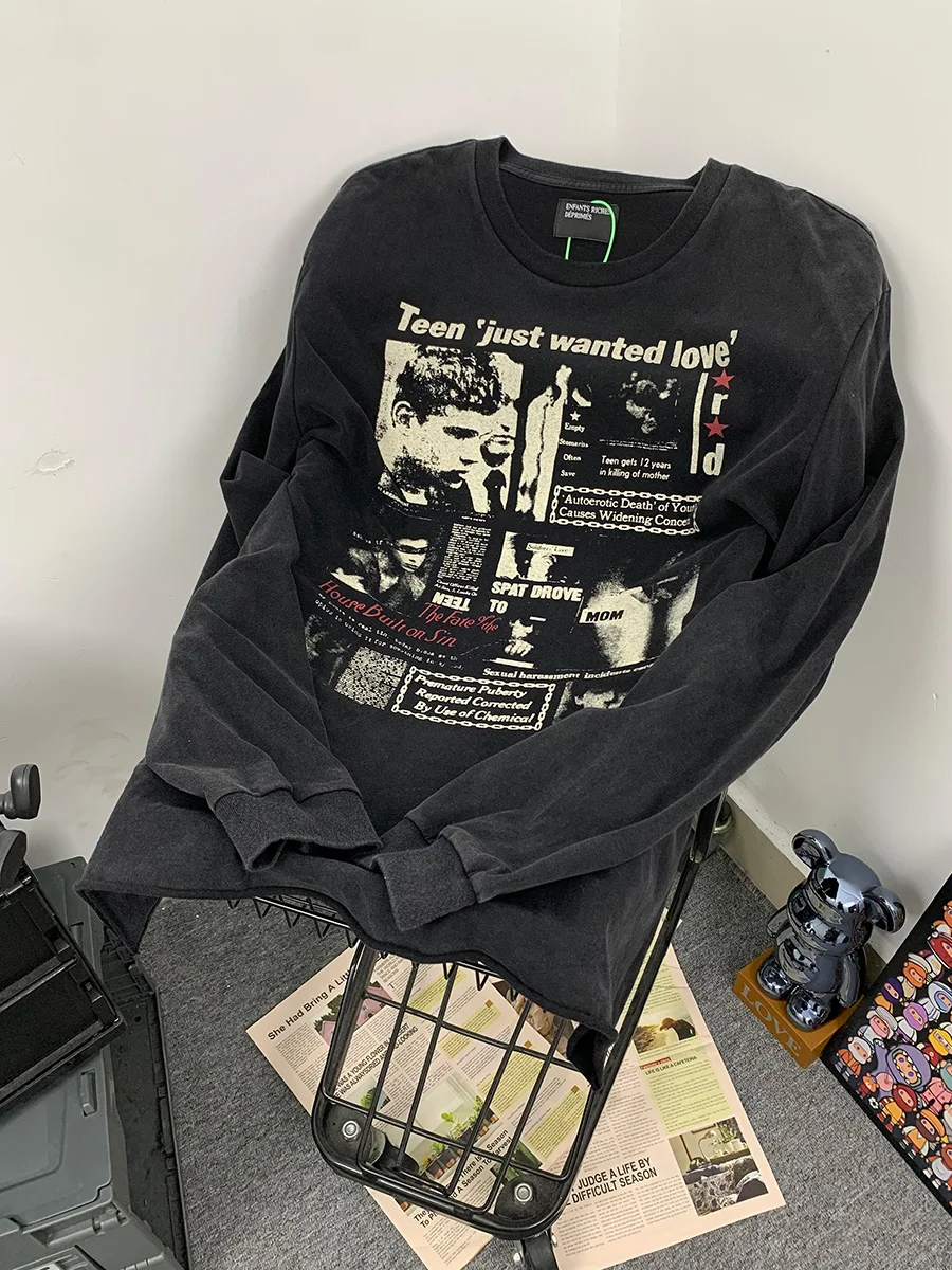 Depressed Rich Second Generation Street Fashion Retro Print Heavy Washed Autumn Winter Long Sleeve Men's T-Shirt Breathable C...