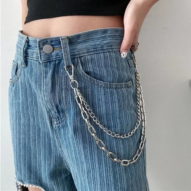 European-American Fashion Men's Trousers, Double-Layer Punk Hip-Hop Chain Pants, Trendy Waist Chain Design