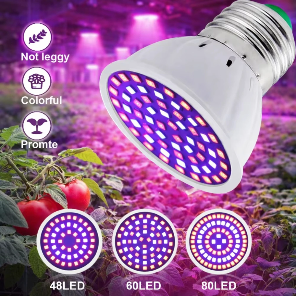

LED Grow Light Bulb E27 220V Full Spectrum 60/80LED Plant Lamp for Indoor Garden Seedling Greenhouse Hydroponics Grow Tent