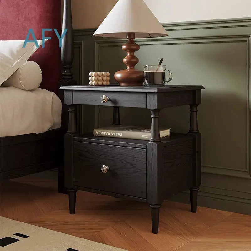 French Antique Bedside Table for Ash Wood All Solid Wood Bedside Storage Cabinet for Retro Small Bedroom Furniture
