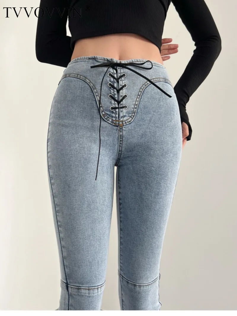 

TVVOVVIN Spice Girl Grey Lace Up Slight Flare Jeans Women Slim Spring Summer Dark Flare Pants Floor Pulling Denim Pants IPIZ