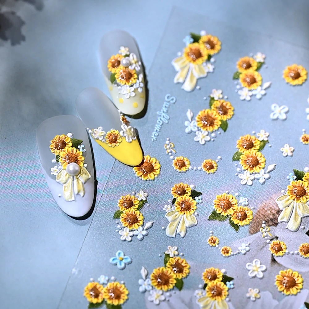 5D Embossed Delicate Shiny Sunflower Bowknot Nail Stickers, Yellow Daisy French Nail Decals, Self-Adhesive Sliders Nail Supplies