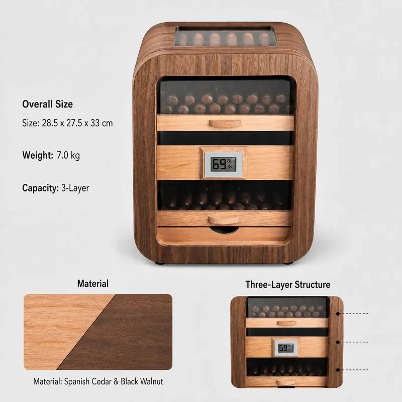 Three-Layer Spanish Fir and Black Walnut Humidor with Digital Hygrometer Observation Window Drawers Custom Logo for Cigar