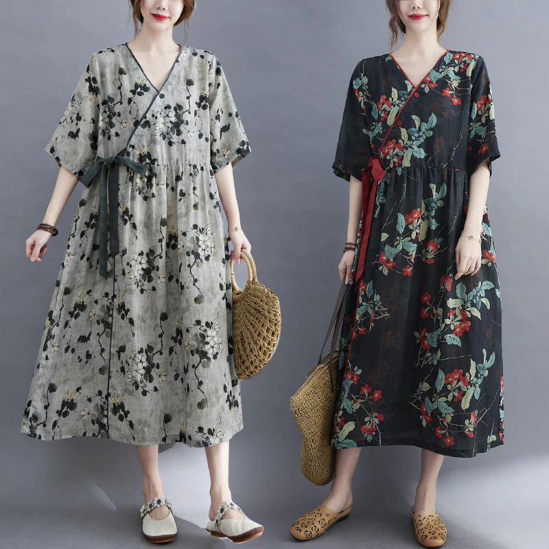 Ele Cotton Linen Print Dr Women's Waist Cinched Slimming Midi Vintage Flax Print Dr Summer Commute Artistic Sle