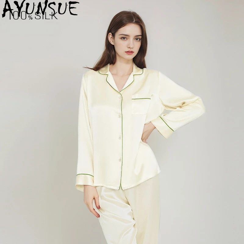

AYUNSUE 16 мм, 100% шелковая пижама из тутового шелкопряда для женщин, летняя одежда 2026, комплект с длинным рукавом, повседневные брюки, женские наряды