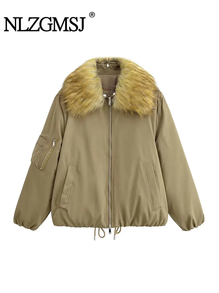 

NLZGMSJ Повседневная шикарная куртка-бомбер с мехом, однотонные пальто на молнии с карманами и длинными рукавами, новая мода, осень-зима 2025 года, верхняя одежда ﻿