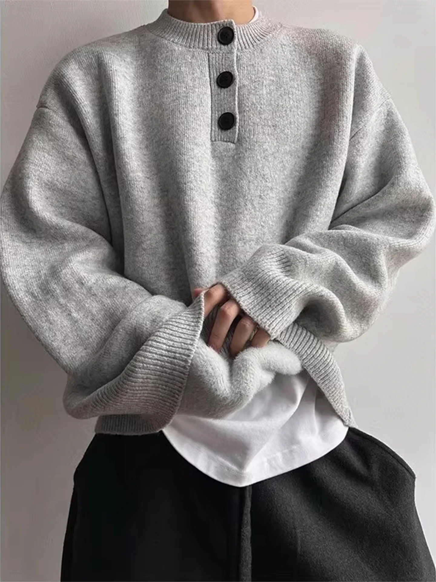 

Men's Fce Lined Knitwear Thiened Henry Collar Inner irt Casual Comfortable Soft Polyester Fiber Spring Autumn Winter Wear