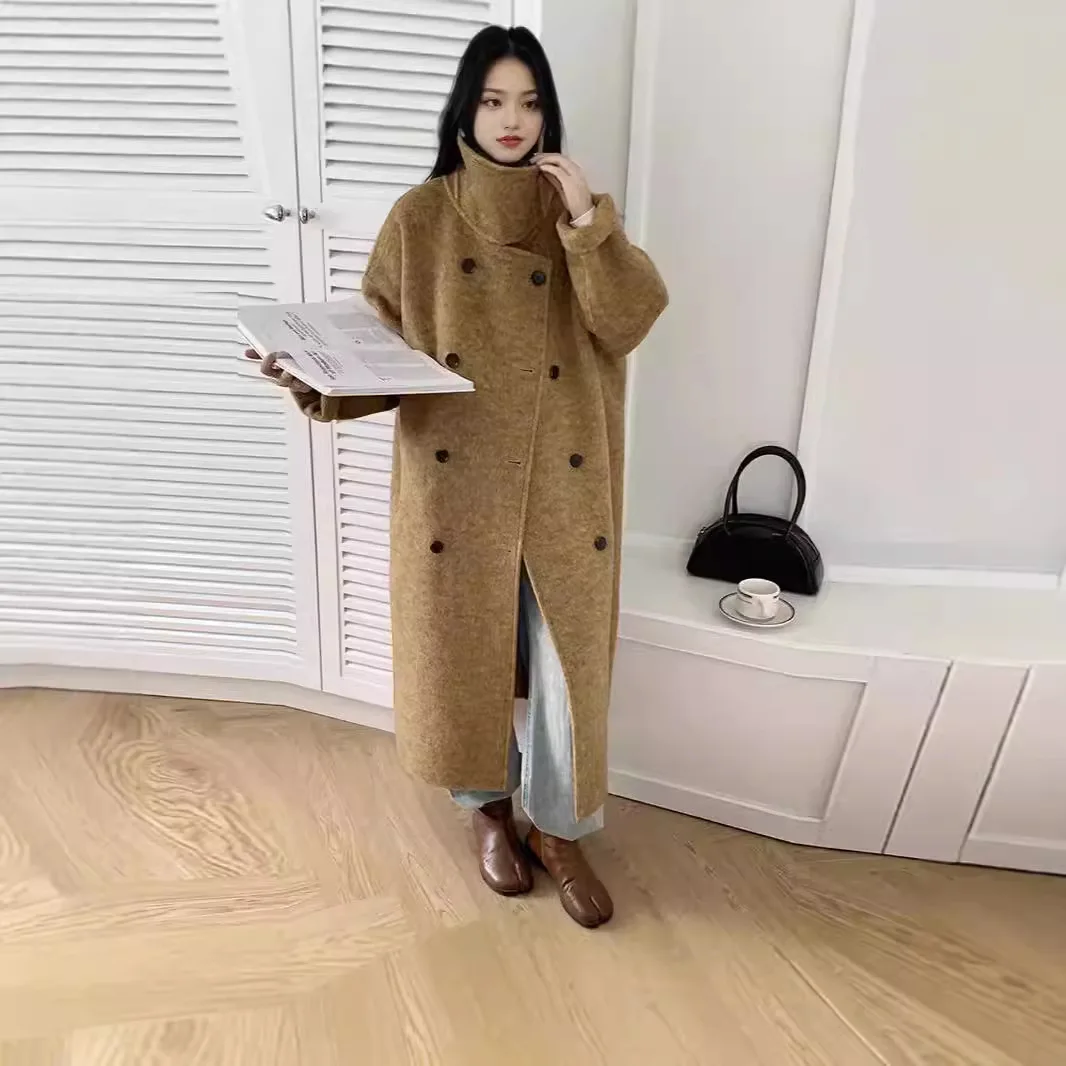 SuperAen Autumn and Winter 2025 New Stand-up Collar Double-sided Cashmere Coat Women Loose Woolen Casual Coat