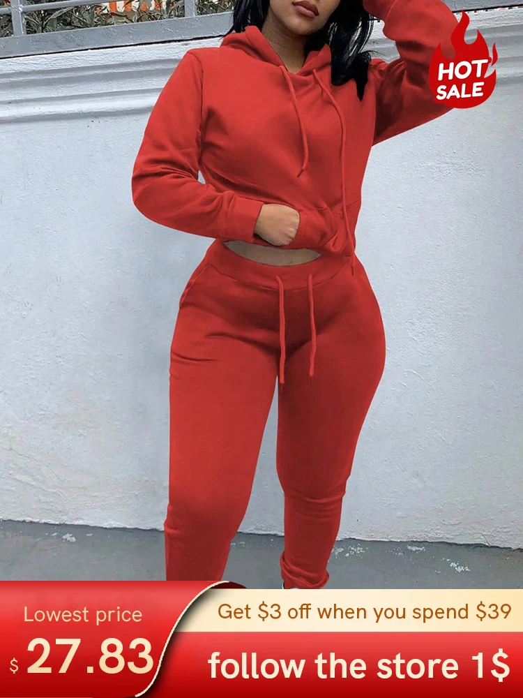 LW Autumn Winter Women's Tracksuit 2 Piece Sets Women Outfit Casual Hoodie Kangaroo Pocket Sweatshirt Lady Trousers Set 2024