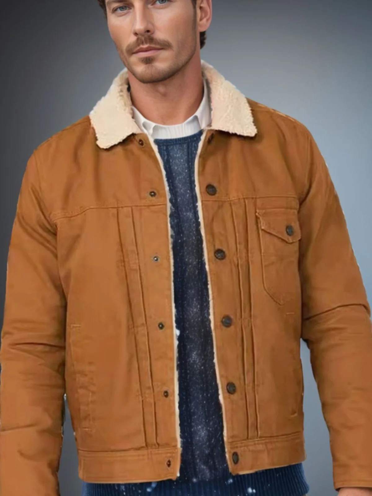 

Men's Fce Lined Jaet with Fur Collar And Multiple kets Single Button Vintage Autumn Winter Outerwear for Youth