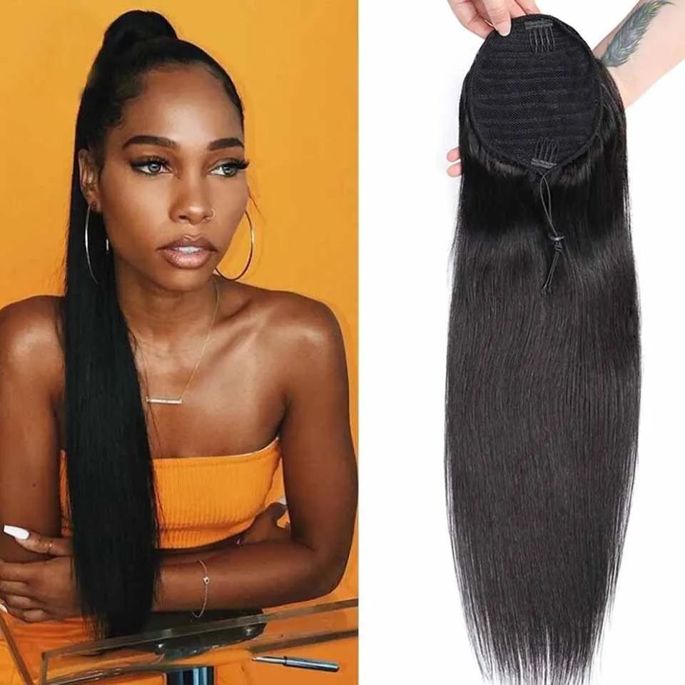 Ulrica Straight Drawstring Ponytail Human Hair Real Natural Color Brazilian Hair Ponytail Clip In Extensions 8-28inch