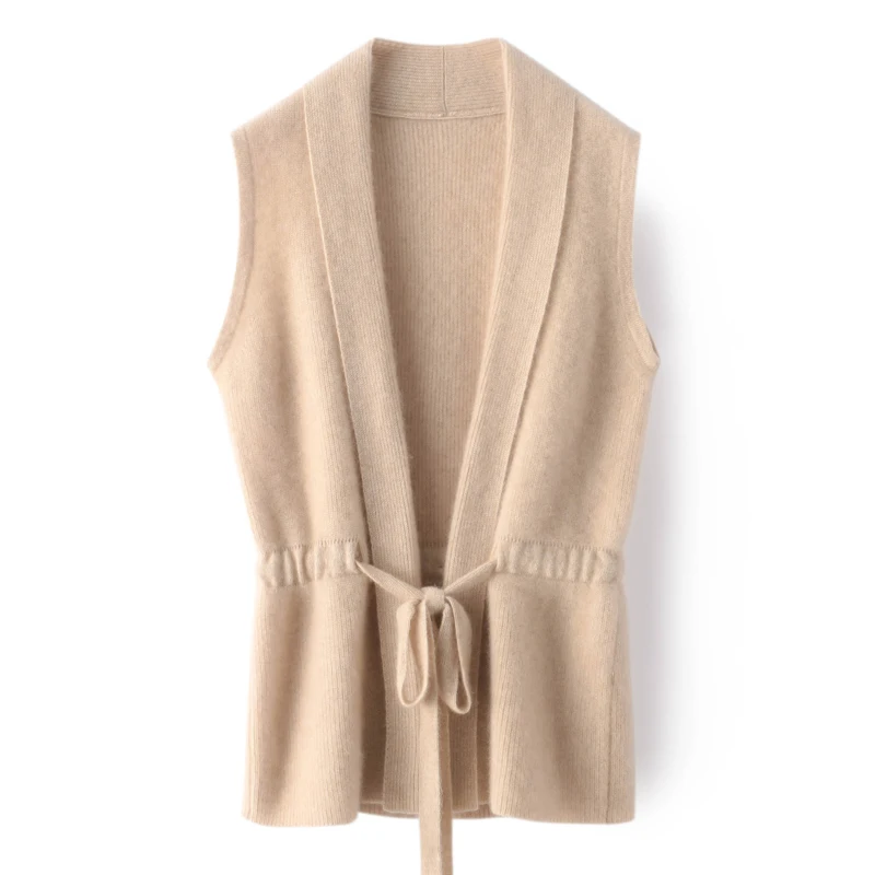 Gilet tricoté sans manches pour femmes, pull monochrome, haut ample avec ceinture, col en V, printemps et automne, nouveau, 100%