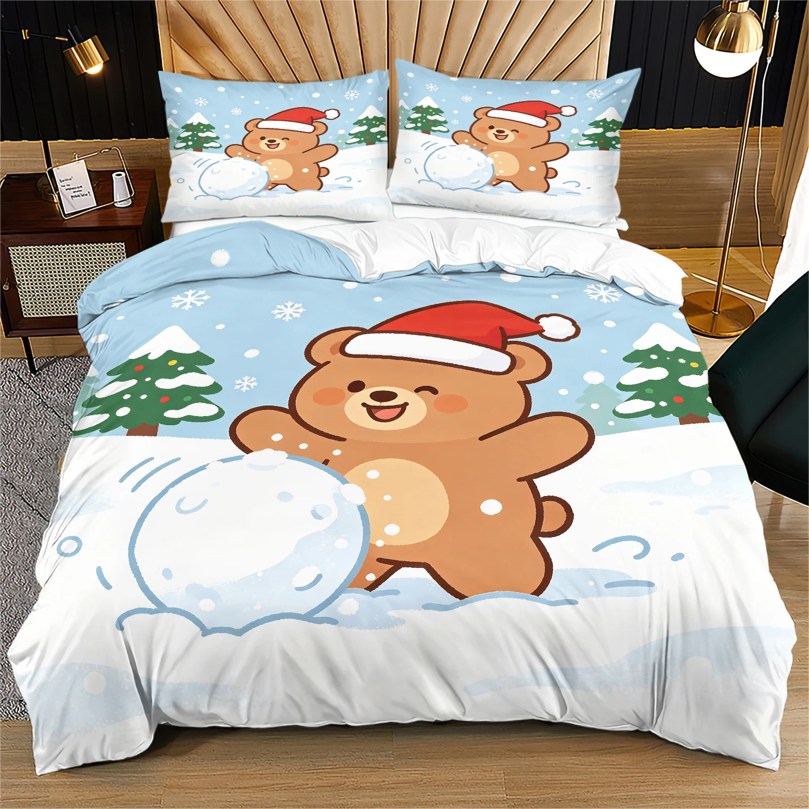 Cute Christmas Bear Rolling Snowball Duvet Cover Set Cartoon Teddy Bear Winter Snow‑field Scene Print Bedding with Pillowcases