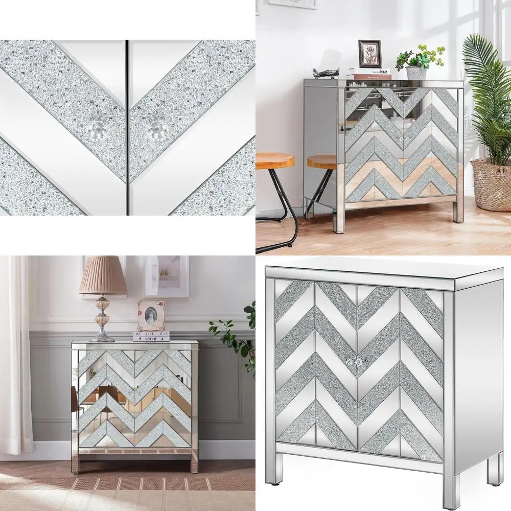 

Тумба-буфет с зеркальными дверцами и 2 панелями, элегантный серебристый комод с дизайном «Сверкающие бриллианты», современный бар для кофе и вина