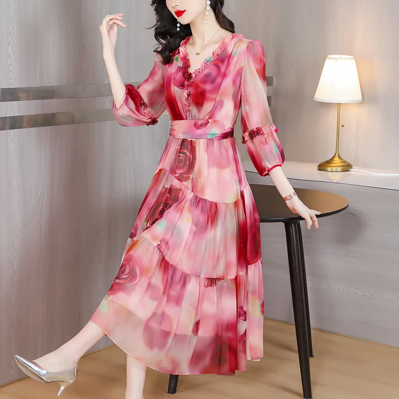 Damen Vintage Elegantes Abendkleid Frühling Urlaub Boho Hepburn Vessios Sommer Luxus Seide Blumen Lässig Midi XQ324