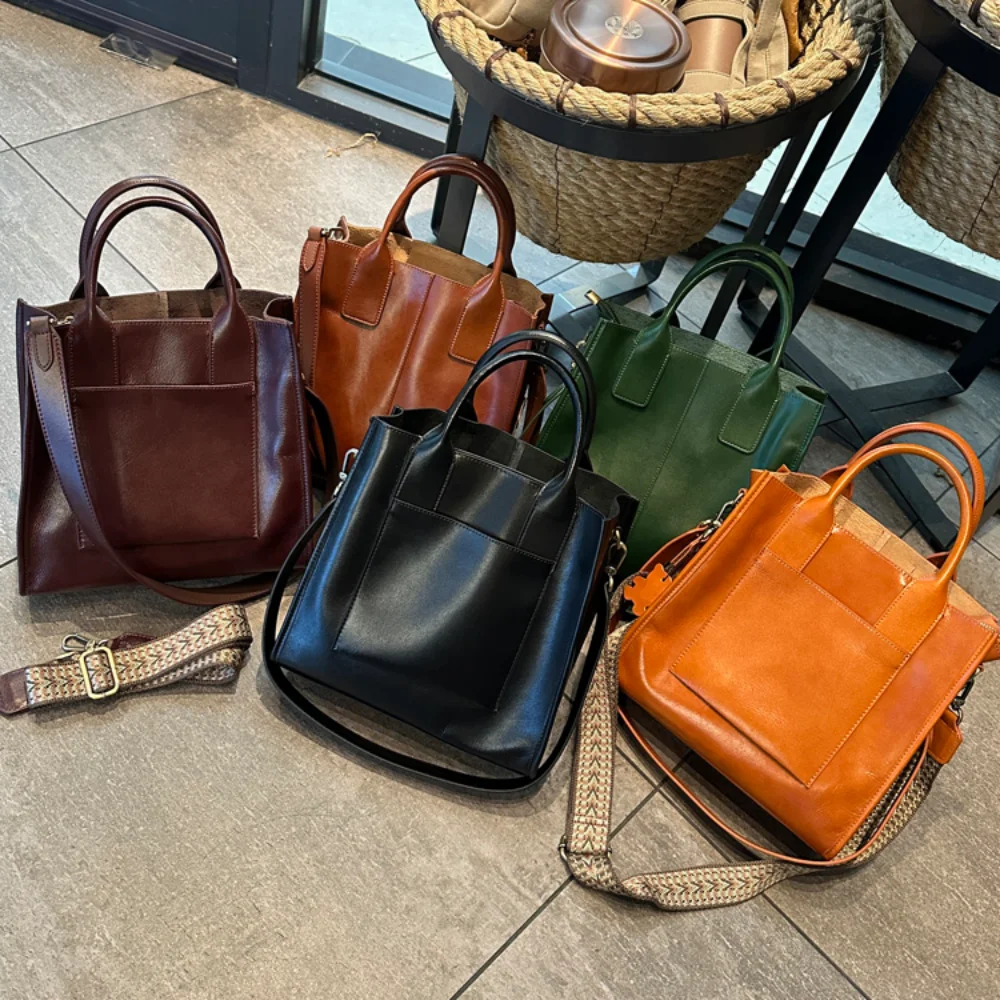 2025 Winter Large Capacity Bucket Tote Bag Green Maroon Color 100% Oil Wax Cowhide Leather Women Shoulder Bag 2 Straps Hand Bag