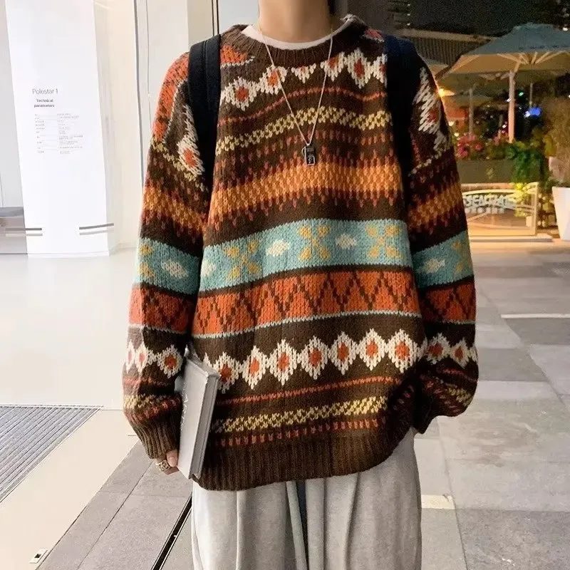 

Japanese Vintage Sweater Men's Trendy Ethnic Striped Loose-Fit Knitted Top Casual Crew Neck Idle Style Couple Model Sweater
