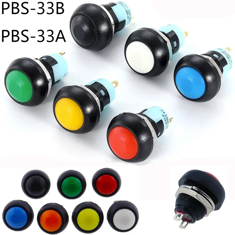1/6 szt., mini okrągły przełącznik przyciskowy, PBS-33A samoblokujący/33B samoresetujący, 2Pin, 12mm, 3A 250VAC/1A 125VAC, sprzęt elektryczny