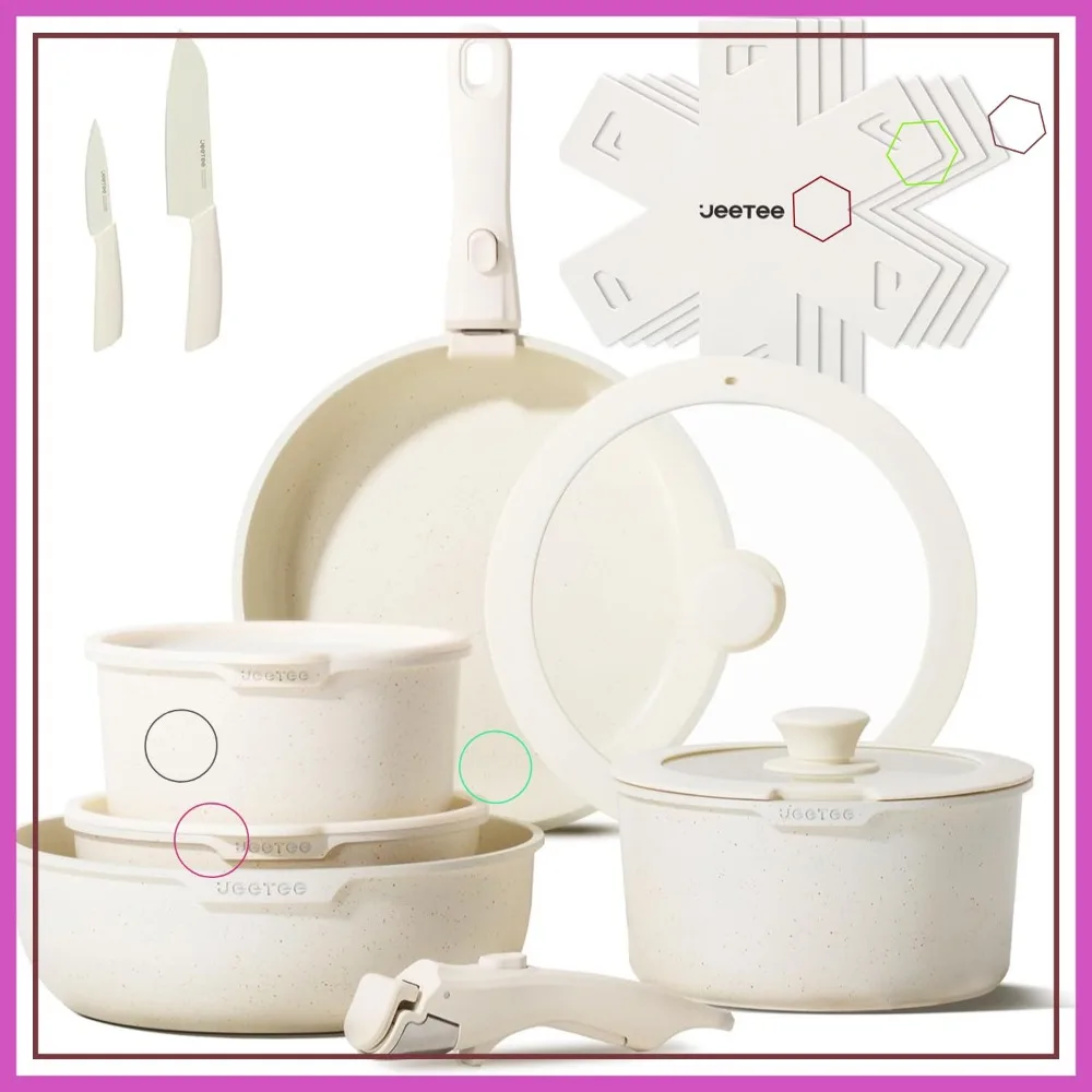 

17-Piece Nonstick Cookware Set with Detachable Handle, Oven Safe, PFAS/PFOA Free, Stackable for Compact Kitchens