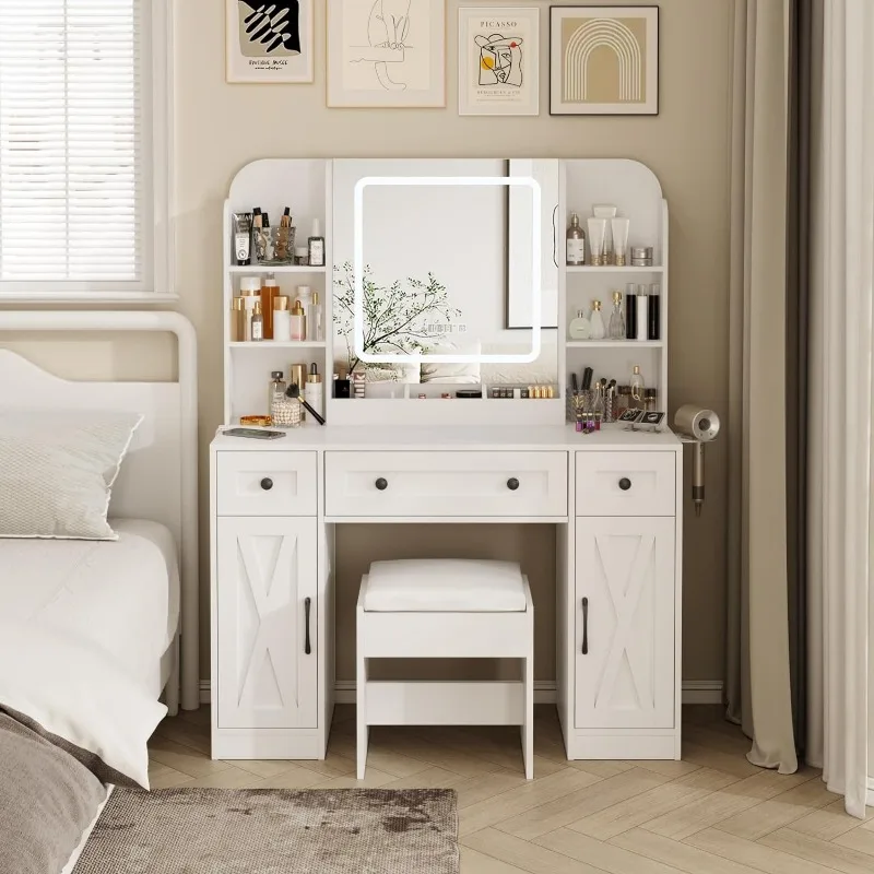 

Vanity Mirror with Lights Desk and Chair, Vanity Table with Large Storage Drawers and Shelves, Time and Temperature Display