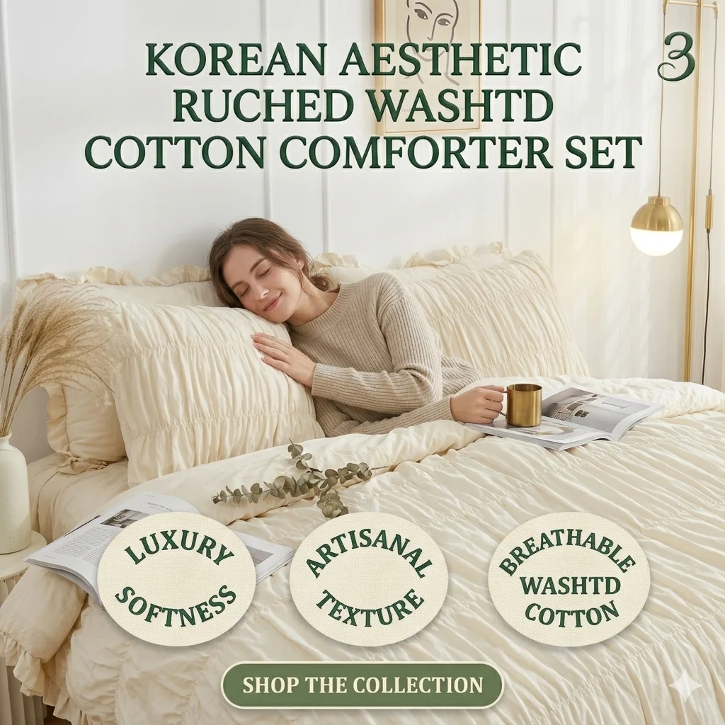 

Ruched Comforter Luxury Pinch Pleat Bedding Set, Ultra Soft Washed Cotton Boho Quilt Set with Ruffled Pillow Shams 3-Piece