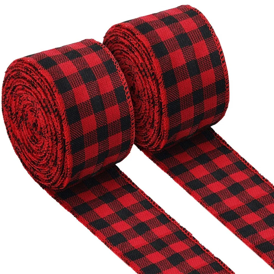 1 Roll 1.57×236.22in Buffalo Plaid Burlap Wired Ribbon Weave Ribbon with Wired Edge for Christmas Decoration