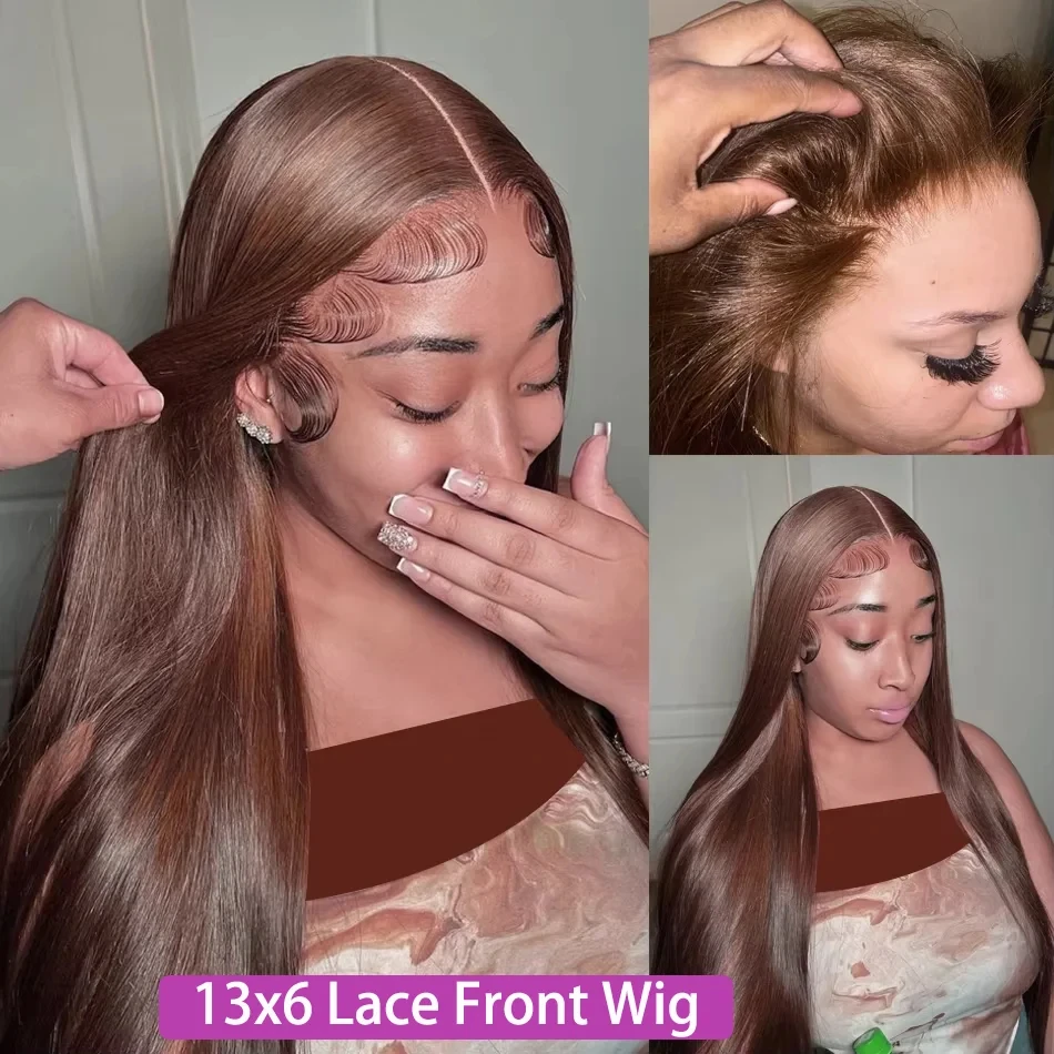 13x4 HD Lace Front Chocolate Brown Straight 13x6 Lace Frontal Wigs Human Hair  Colored Deep Wave Human Hair Wigs For Women 220 Density Preplucked view 7