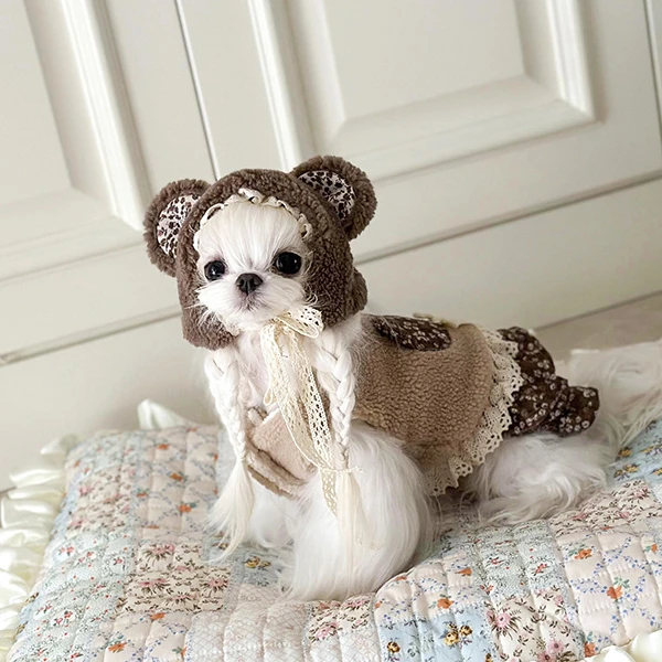 Pet Flower Plush Coat Dog Flower Cake Skirt Cute Dog Plush Hat Dog Clothes Winter Bear Flower Plush Thick Vest Coat Bottom Skirt