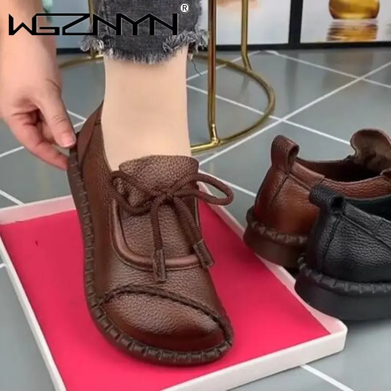 Kobiety Retro Nostalgia Ręcznie robione oryginalne PU skórzane buty damskie Płaskie skórzane miękkie buty damskie Buty dla matek wysokiej jakości