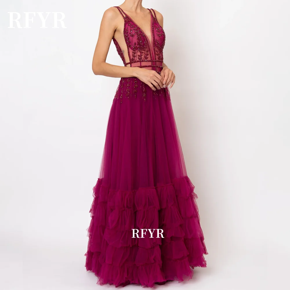 RFYR A Line Evening Gown Tulle Elegant Prom Dress Spaghetti Strap Wedding Evening Dress With Appliques Beading robes de soirée