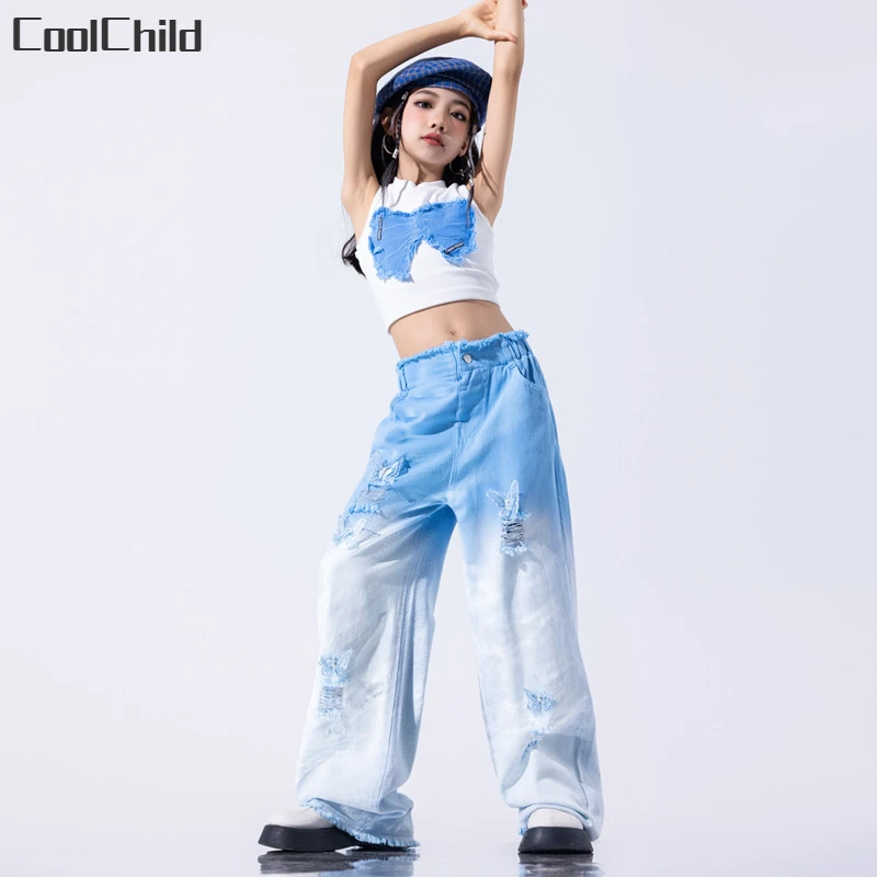 Girls Hip Hop Gradient Butterfly Crop Top Hoodies Cargo Pants Kids Street Dance Clothes Sets Children Streetwear Teenage Outfits