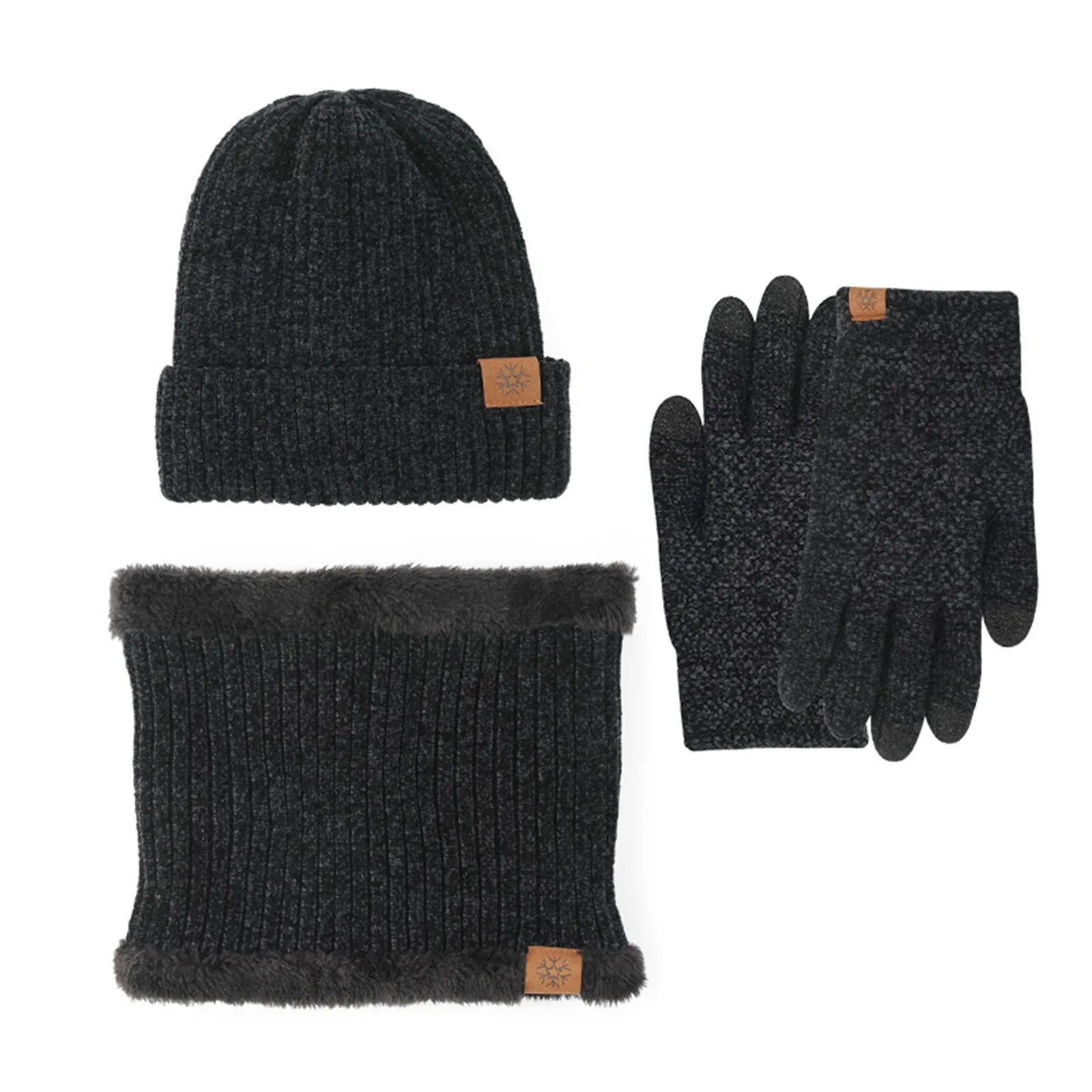 Conjunto de três peças de cachecol e luvas de malha para homens e mulheres, gorro, monocromático grosso, terno feminino, chapéu quente, moda inverno, 2024