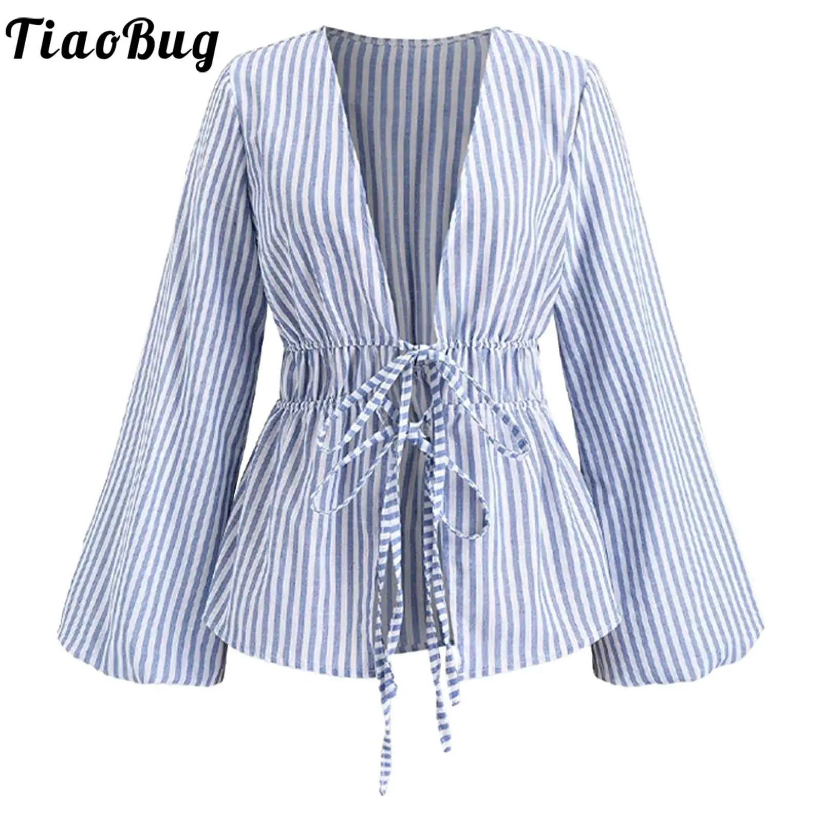 

Women Striped Lace-up Shirt Top Long Sleeve V Neck Front Open Blouese Cardigan Versatile Top for Office Work Daily Vacation