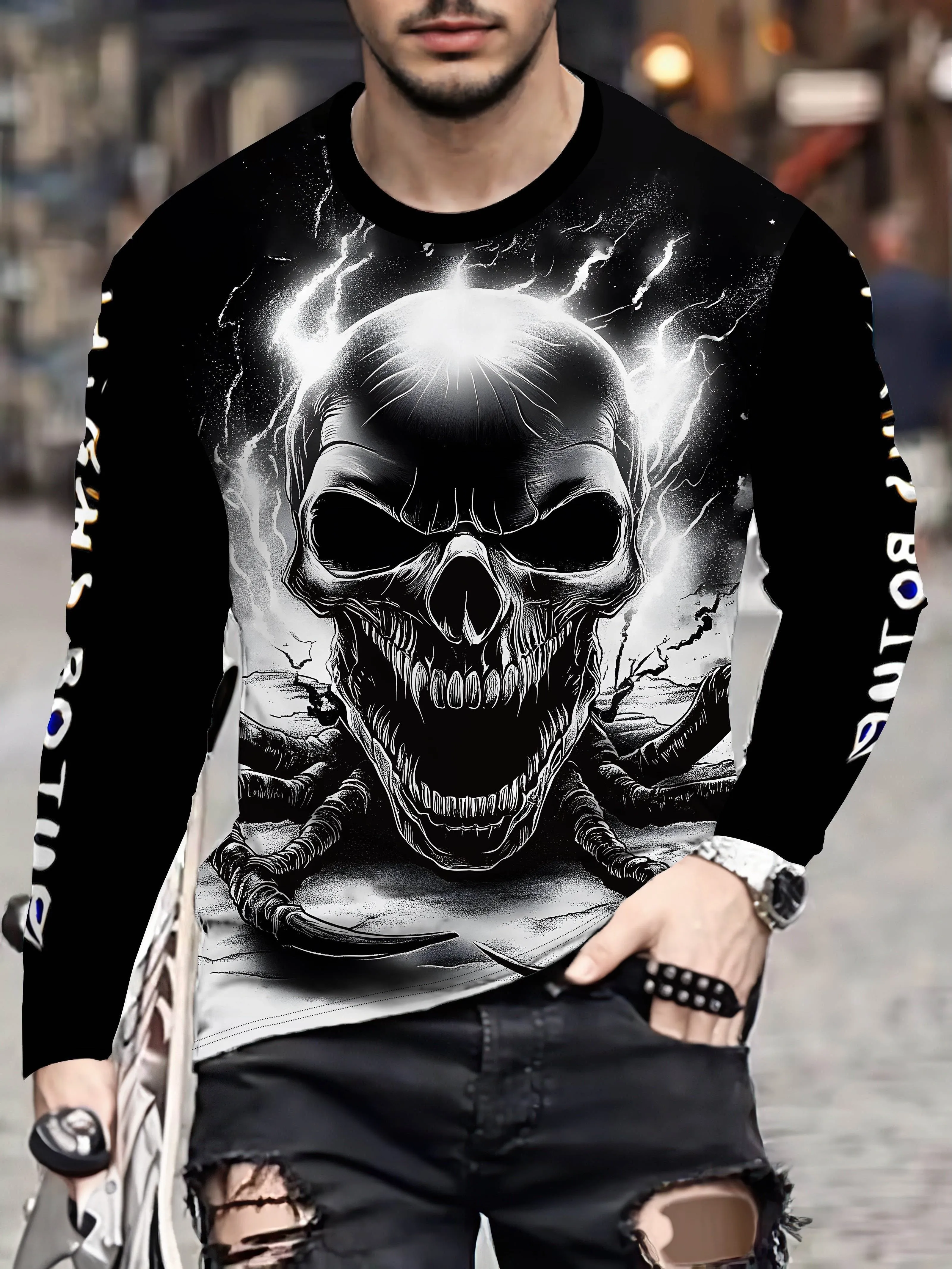 

​ ​ Мужская футболка Shadow Pact с готическим принтом черепа, черно-белая, с длинным рукавом, для вечеринки в честь Хэллоуина, машинная стирка ​