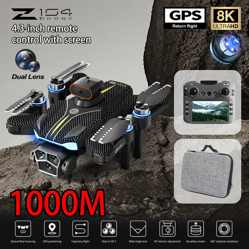 طائرة بدون طيار Z104 جديدة لعام 2025 بدقة 8K عالية الدقة احترافية بدون فرش واي فاي FPV رحلة إرجاع تلقائية مع شاشة تحكم في تجنب العوائق بدون طيار RC