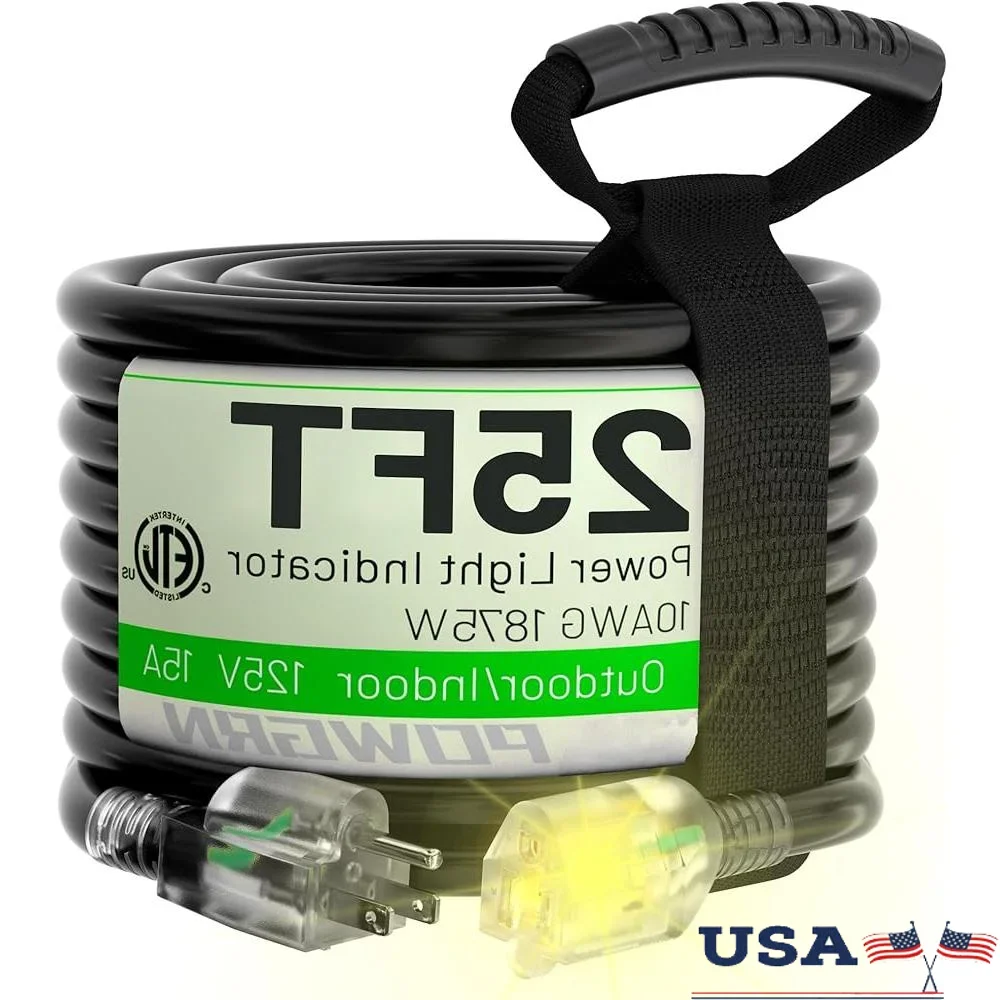 

25 футов, 10 г, уличный удлинитель, сверхмощный, водонепроницаемый, 3-контактный, гибкий, морозостойкий, для использования в помещении и на открытом воздухе, 15 А, 125 В