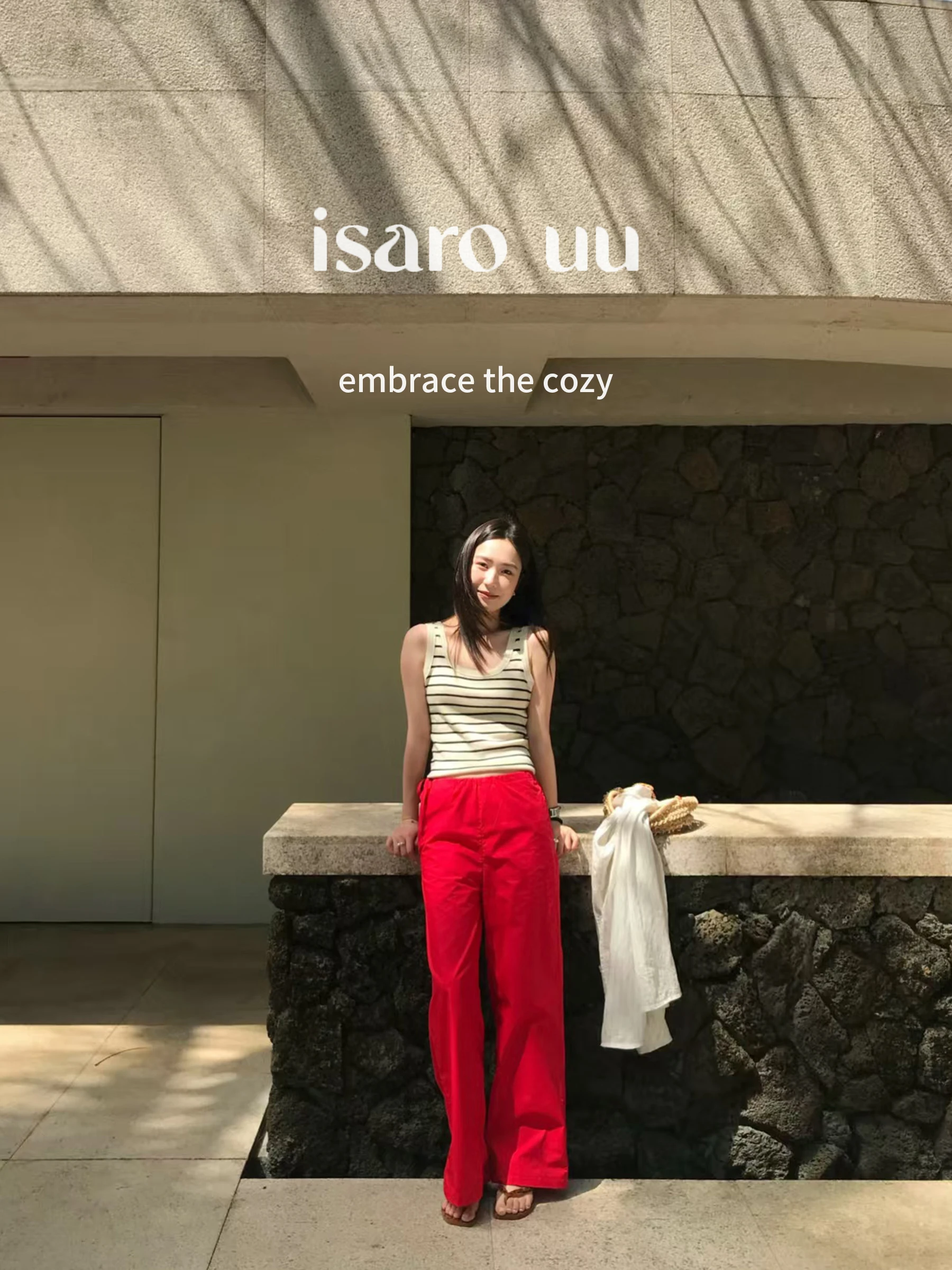 

Isaro Uu Red High Waist Dstring Cotton Straight Leg Pants Asymmetric Design Comfortable Loose Fit Casual Trousers