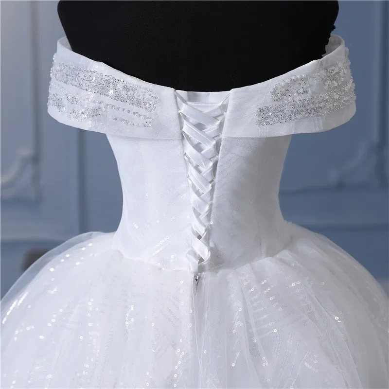 Y&m Novias Glitter vory Wedding Dresses Lace Beaded Ball Gown Cheap Off The Shoulder Short Sleeve Bridal Customized Plus Size
