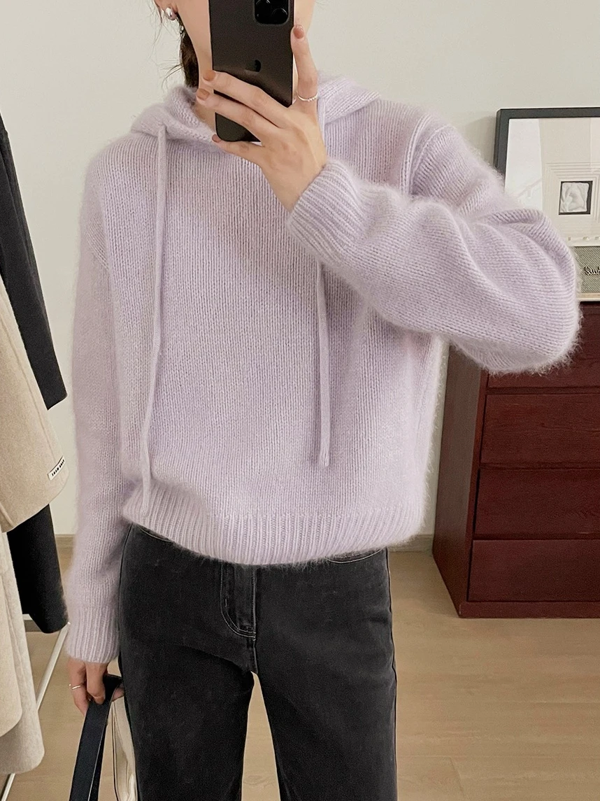 

Hooded pure female autumn and winter new loose lazy wind pullover sweater knit bottoming cashmere hoodie plus size