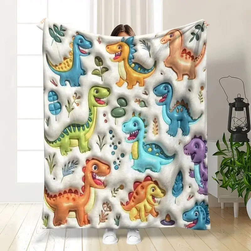 VIKAMA Cute Dinosaur Flannel Air Conditioner Throw Blanket 3D Cartoon Dino Print Soft Warm Sofa Bedroom Kids Room Decor