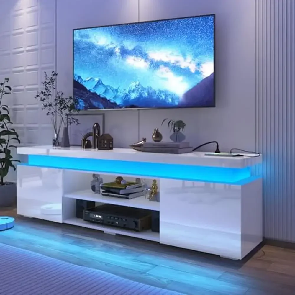 

Modern High Gloss LED TV Stand Console with Power Outlet & Storage 75 Inch Entertainment Center with RGB Lights USB Ports