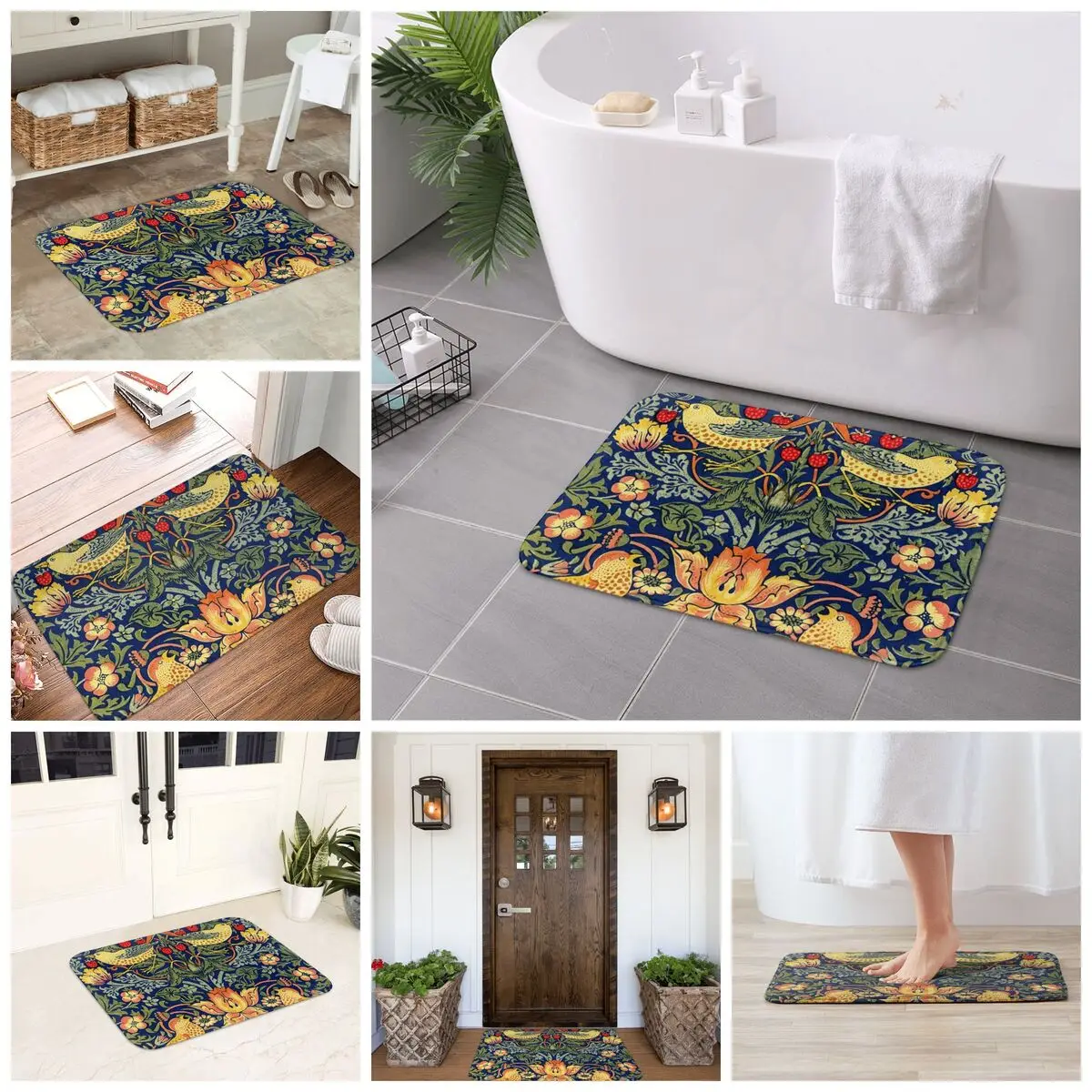 윌리엄 모리스 딸기 도둑 미끄럼 방지 도어 매트 바닥 매트 먼지 방지 카펫 러그 주방 입구 홈 발코니 발판 매트