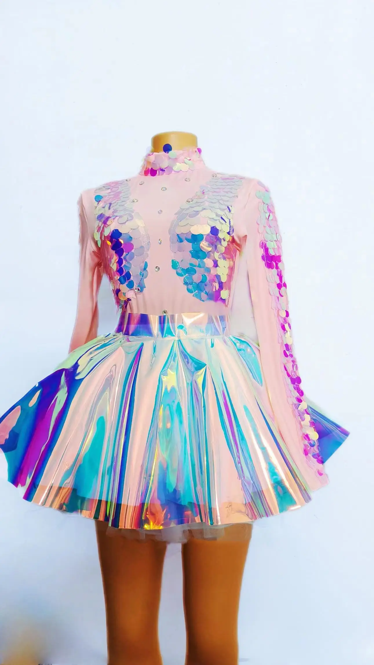 

Pink Blue Red Glitter Sequin Bodysuit Laser Skirt Bar Nightclub Party Dancer Team Costume Singer Jazz Opening Dance Stage Wear