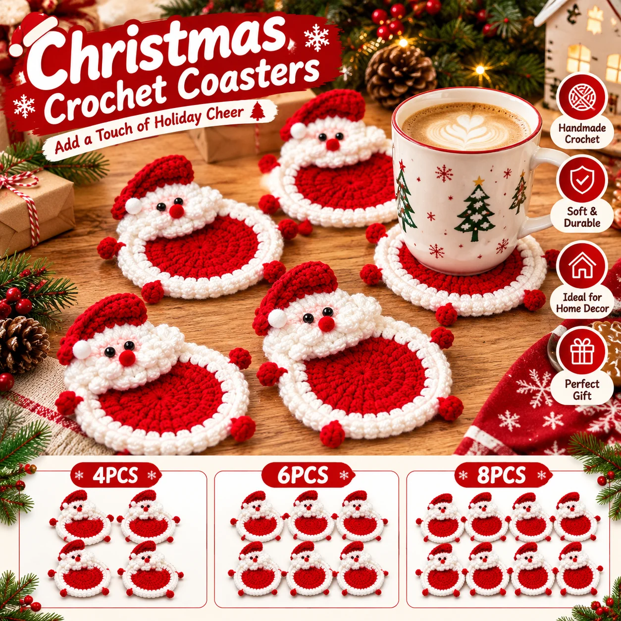 4/6/8PCS Christmas Santa Crochet Coasters, Handmade Holiday Mug Mats, Coaster Set for Coffee Table, Xmas Party Decor Gift
