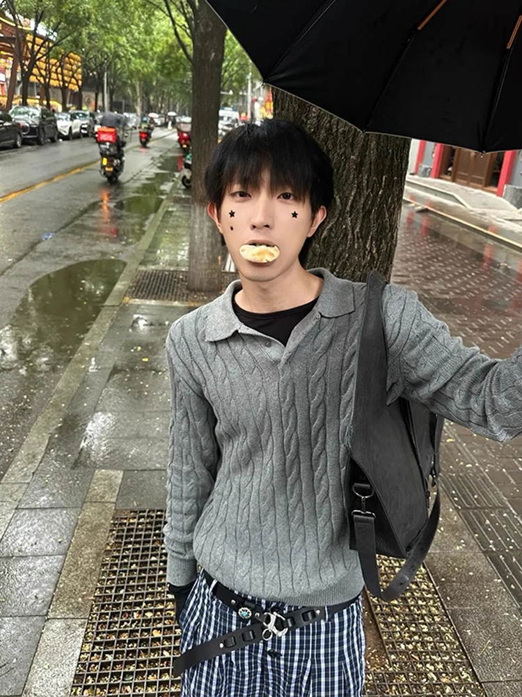 

ey Knitted irt Men's Casual Sle Turn-down Collar Sweater Versatile Loose Fit Autumn Base Layer irt