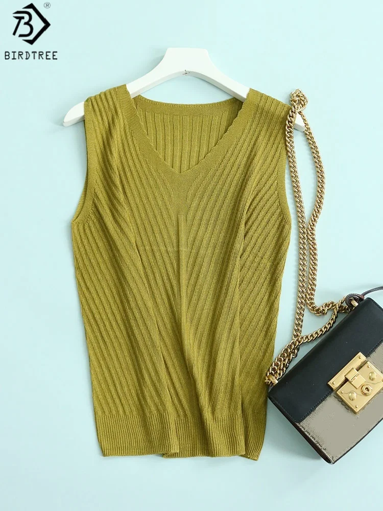 

Birdtree,Женские трикотажные майки, 45% шелк 55% леоцелла, Тонкий V-образный вырез, Свободная футболка без рукавов, Однотонные летние жилеты T59306JF