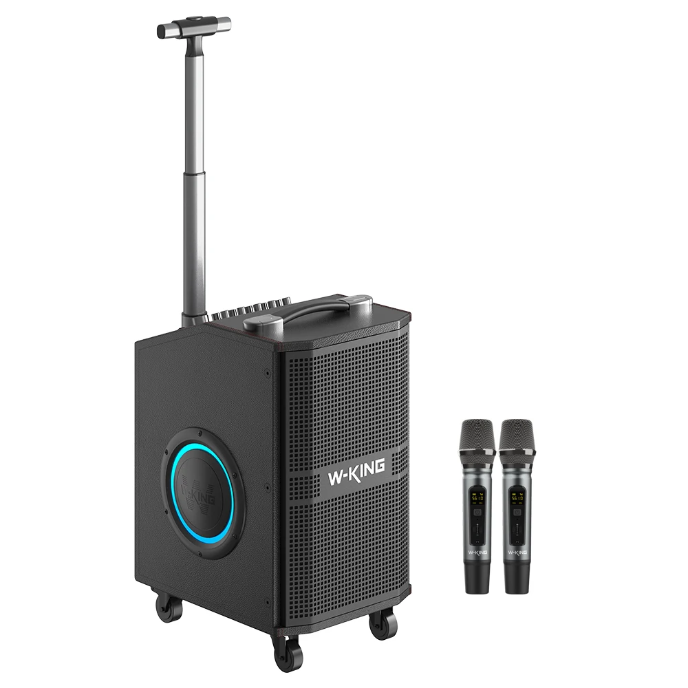 

Портативная Bluetooth-колонка W-King K21SE с караоке-системой, дизайном в виде тележки, вуфером, музыкальным плеером и монитором.