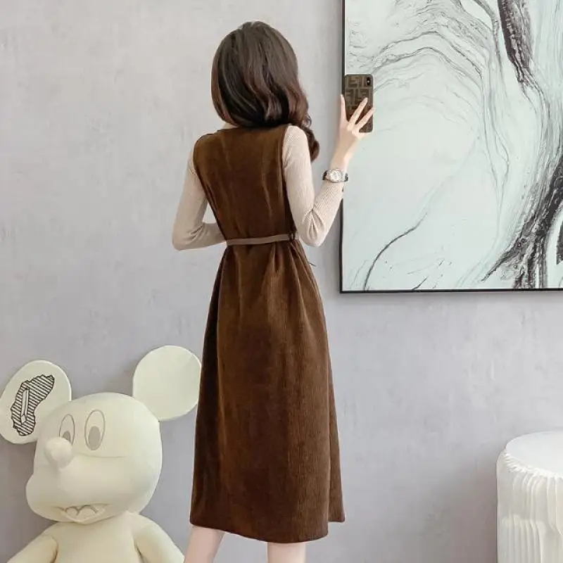 Hepburn Wind Lamp Core Fleece Two Piece Dress For Women\'s Autumn Winter 2024 New Retro Style Bottom Top Solid Color Dress Suit