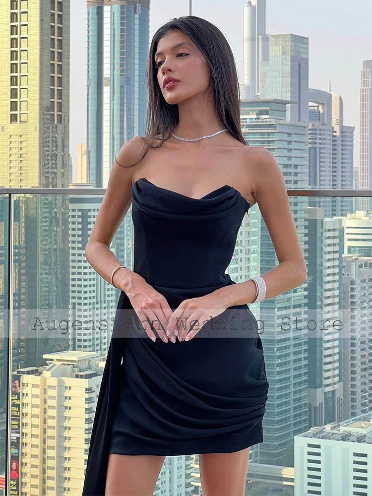 Black Cocktail Dresses for Women Strapless Backless Sexy Mini Cocktail Gowns with Detachable Side Train Short Evening Party Gown